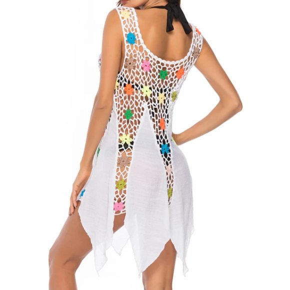 New Swimsuit Cover Up A-Line Gauzy with Crochet Flowers One Size - Picture 2 of 4